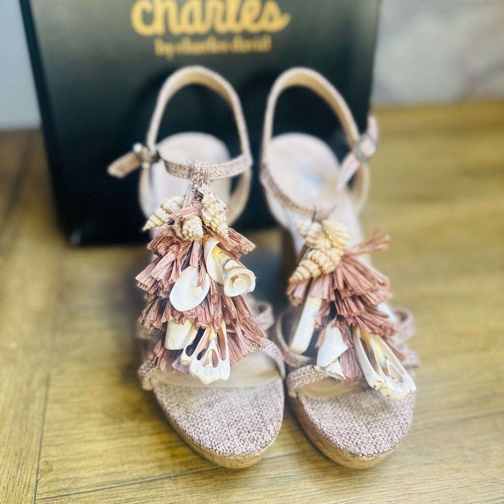 Charles David La Jolla Dark Blush Floral Raffia T-strap Wedge Platform Sandal - Picture 5 of 7